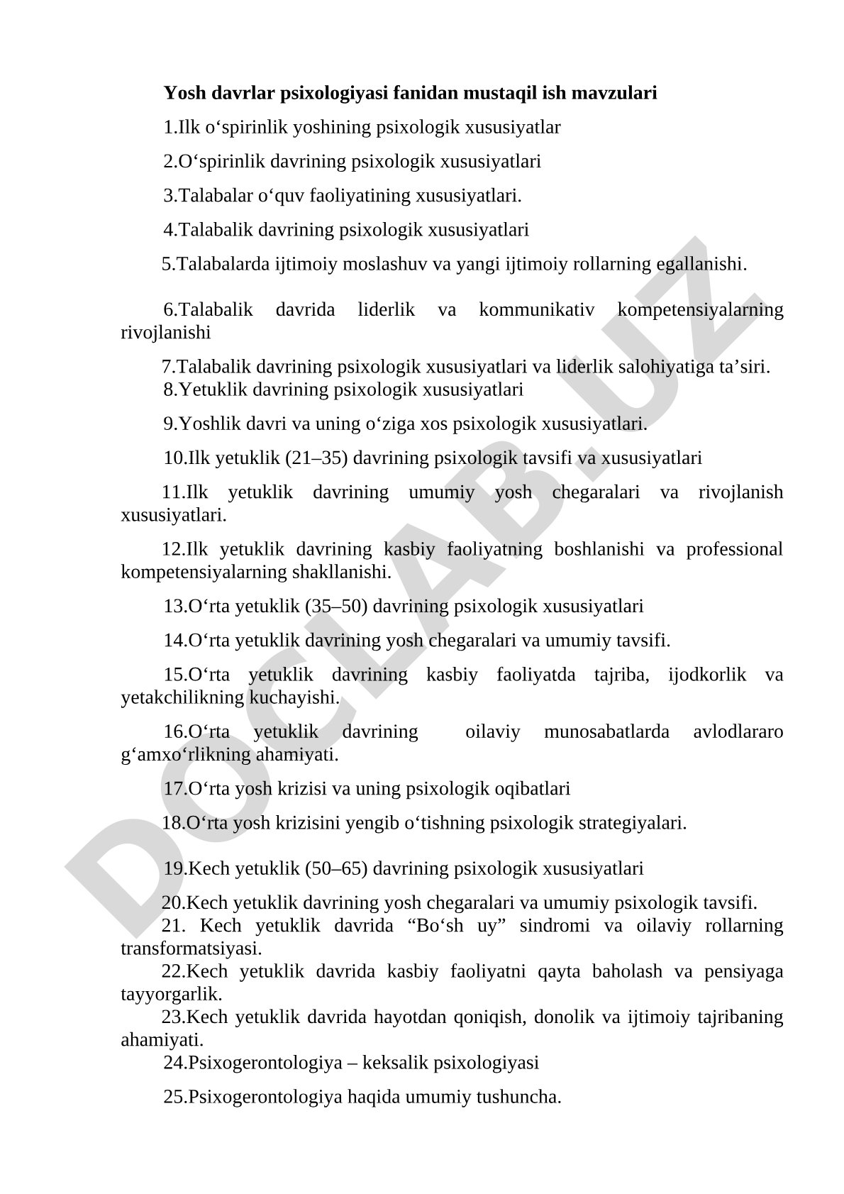 Yosh davrlar psixologiyasi fanidan mustaqil ish mavzulari