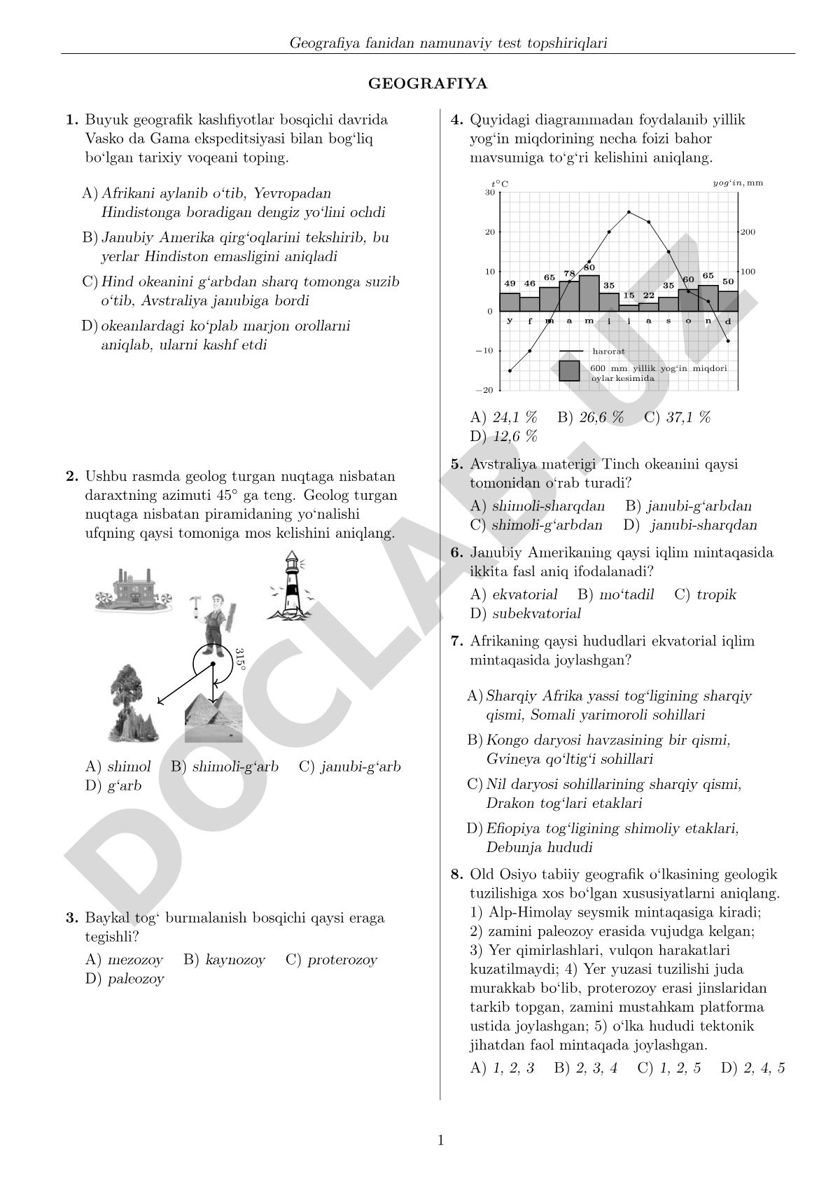 Geografiya fanidan namunaviy test topshiriqlari