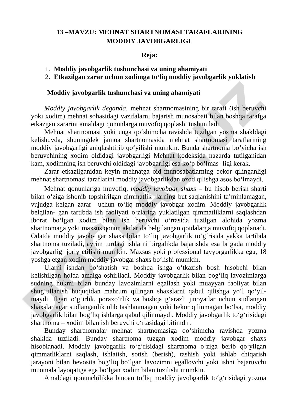 Mehnat shartnomasi taraflarining moddiy javobgarligi