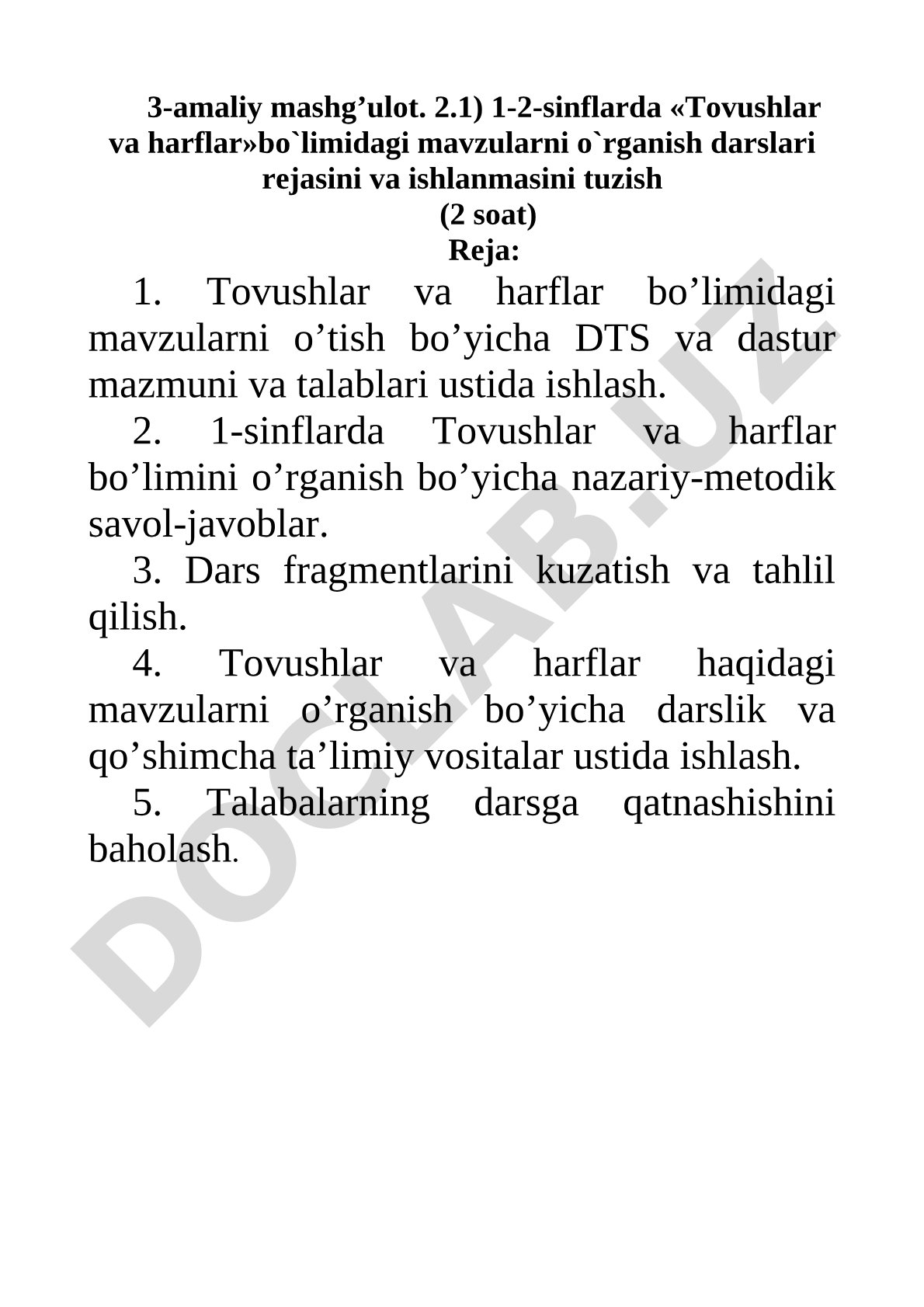 1-2-sinflarda Tovushlar va harflar bo'limidagi mavzularni o'rganish darslari rejasini va ishlanmasini tuzish