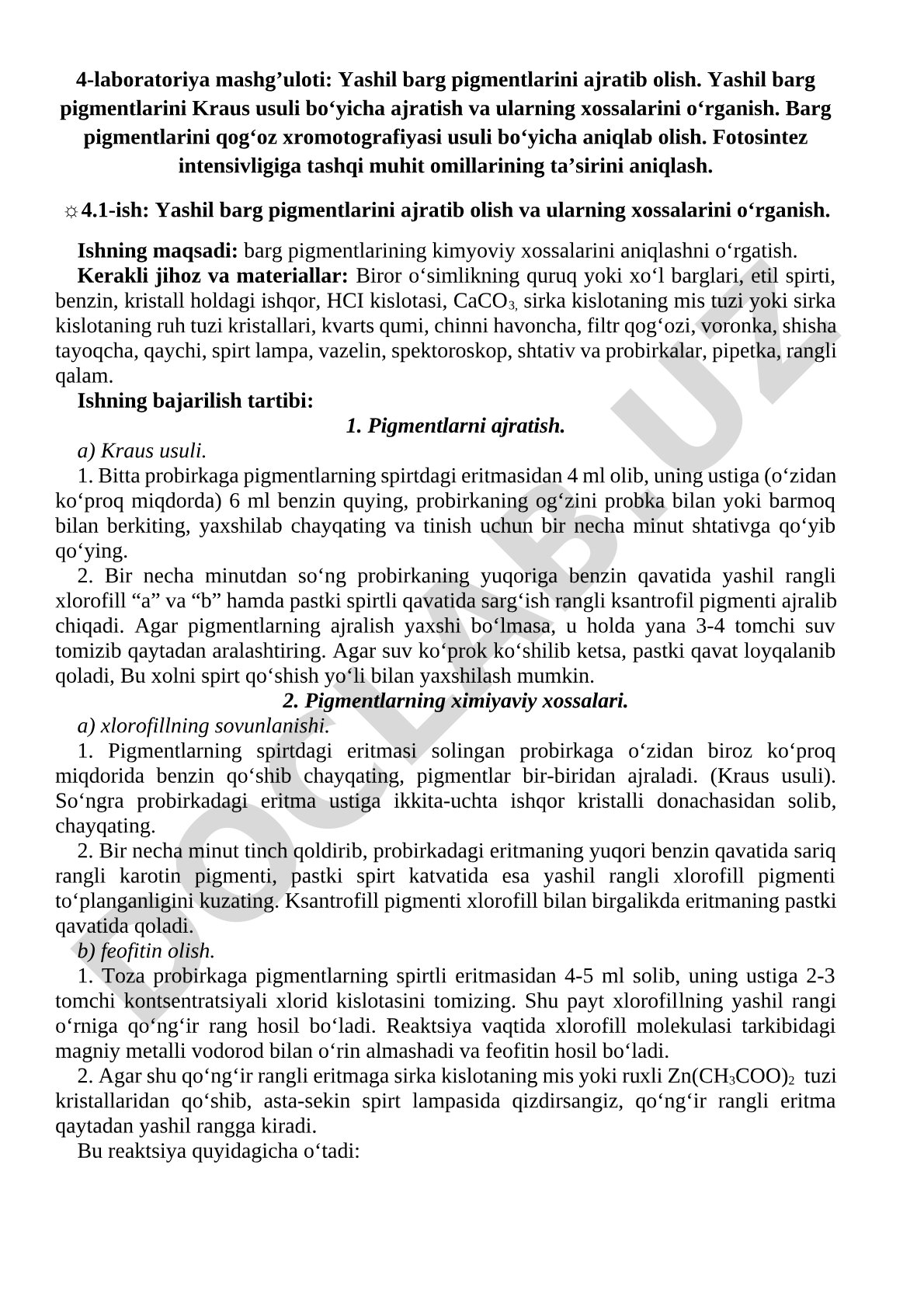 Yashil barg pigmentlarini ajratib olish