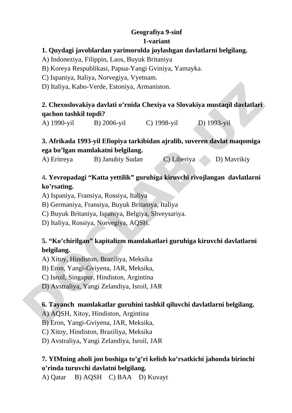 Geografiya 9-sinf 1-variant
