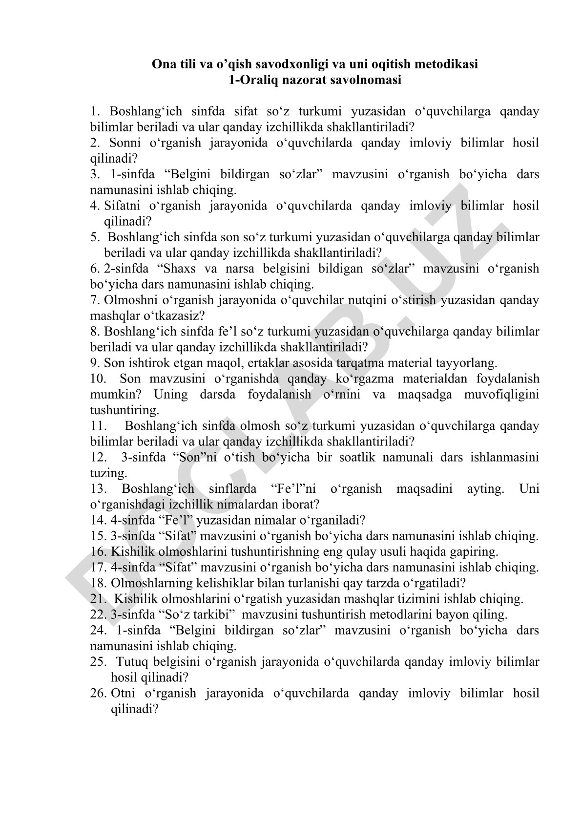 Boshlang'ich sinflarda ona tili va o'qish savodxonligi o'qitish metodikasi