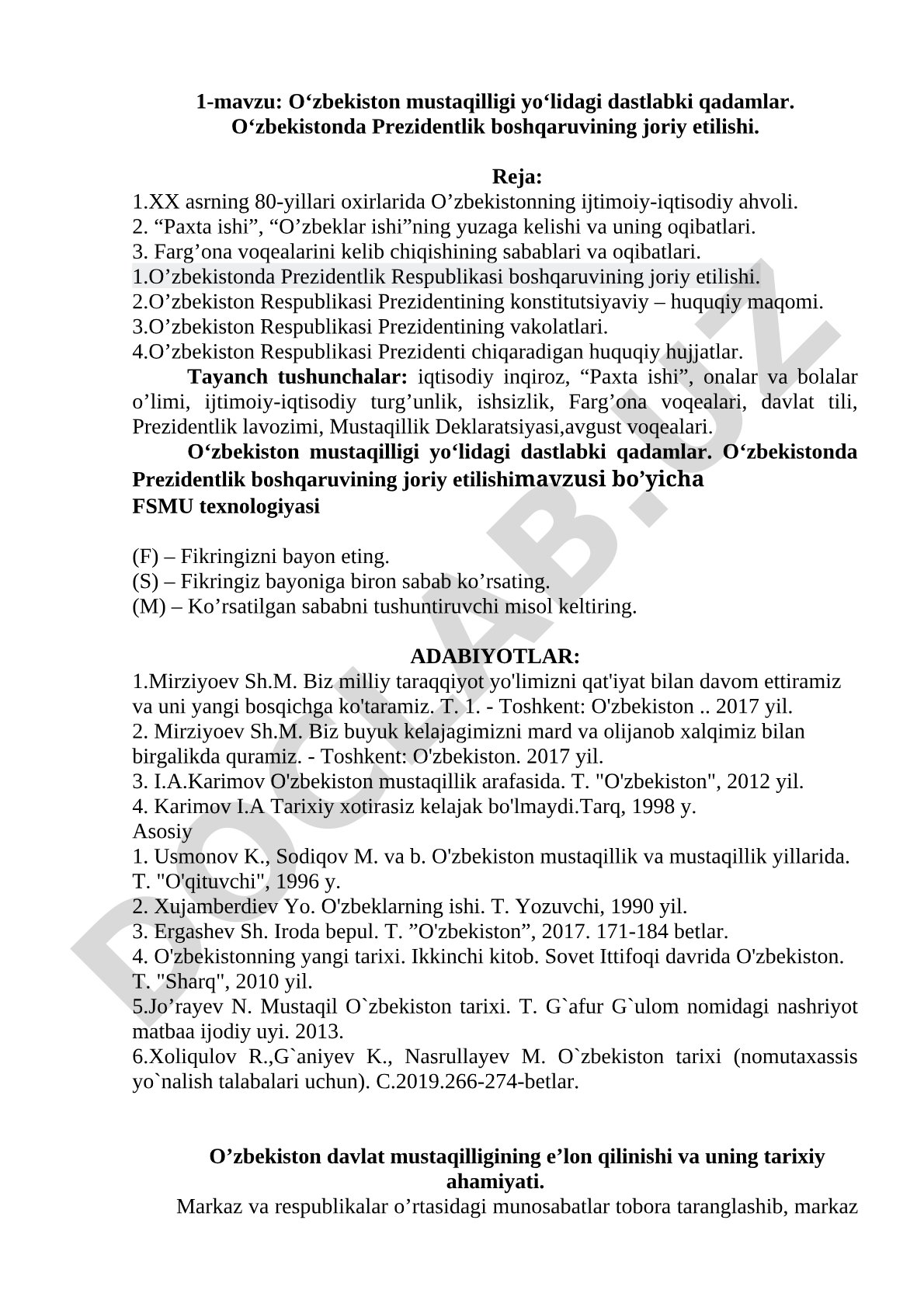 O‘zbekiston mustaqilligi yo‘lidagi dastlabki qadamlar. O‘zbekistonda Prezidentlik boshqaruvining joriy etilishi