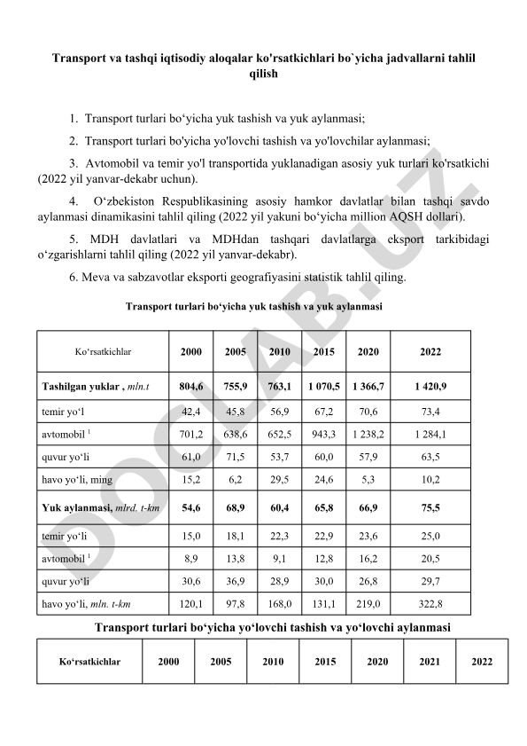 Transport va tashqi iqtisodiy aloqalar ko'rsatkichlari tahlili