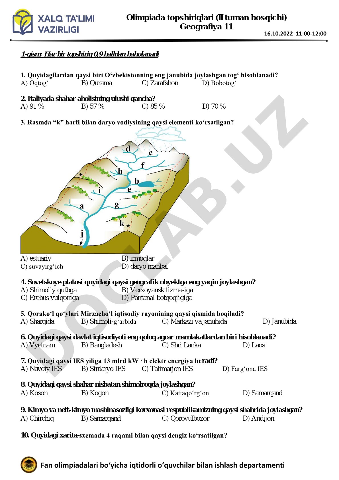 Olimpiada topshiriqlari (II tuman bosqichi) Geografiya 11
