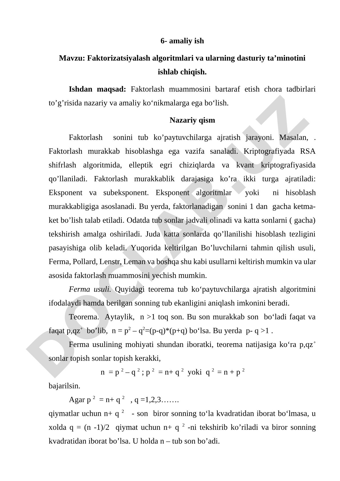 Faktorizatsiyalash algoritmlari va ularning dasturiy ta'minotini ishlab chiqish