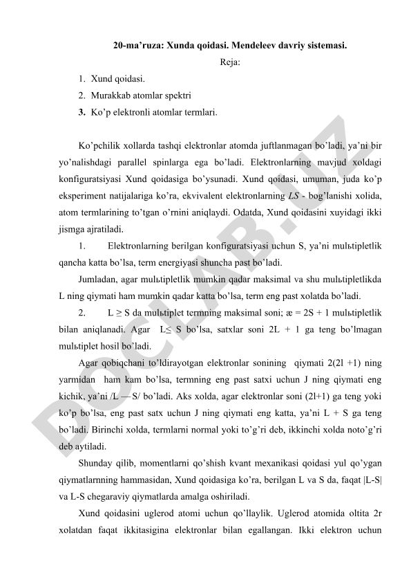 Xund qoidasi va Mendeleev davriy sistemasi