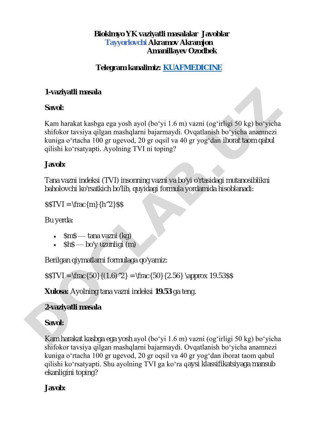 Biokimyo YK vaziyatli masalalar javoblari