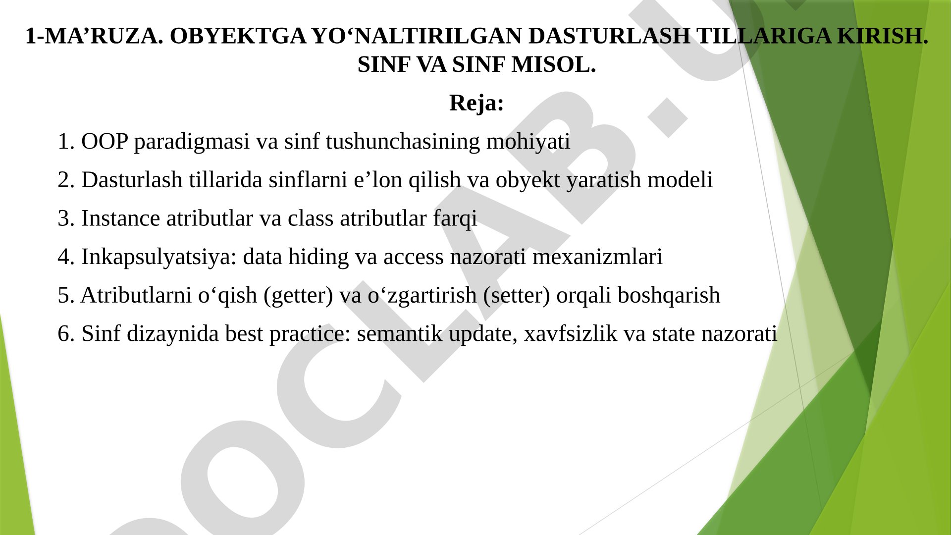 Obyektga yo'naltirilgan dasturlash tillariga kirish. Sinf va sinf misol