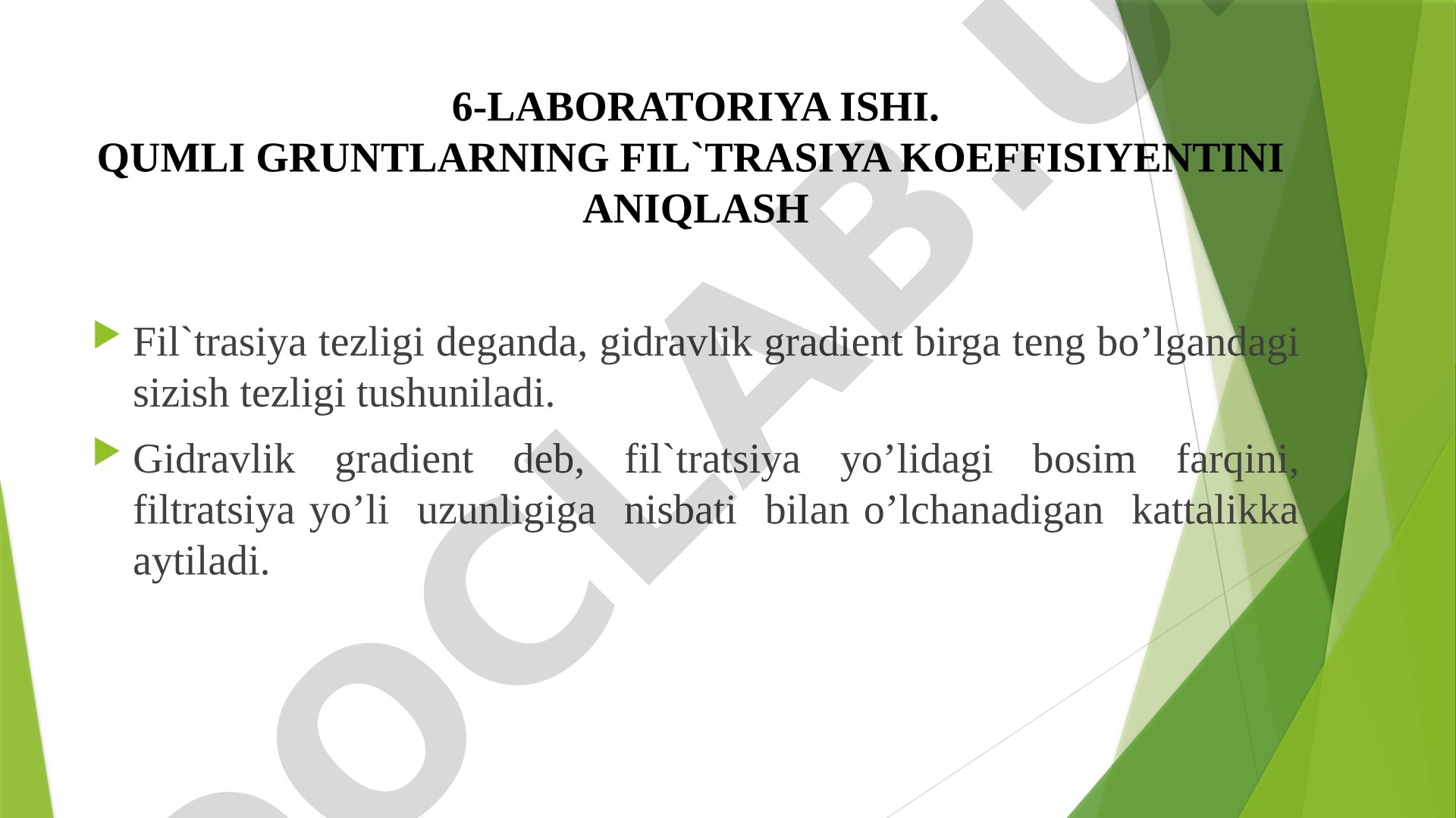 Qumli gruntlarning filtratsiya koeffitsiyentini aniqlash