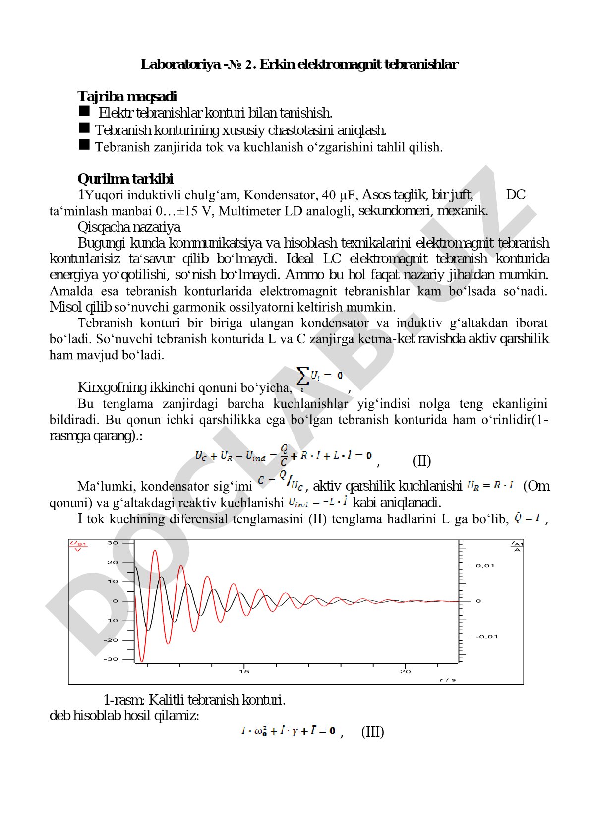 Laboratoriya -№ 2. Erkin elektromagnit tebranishlar