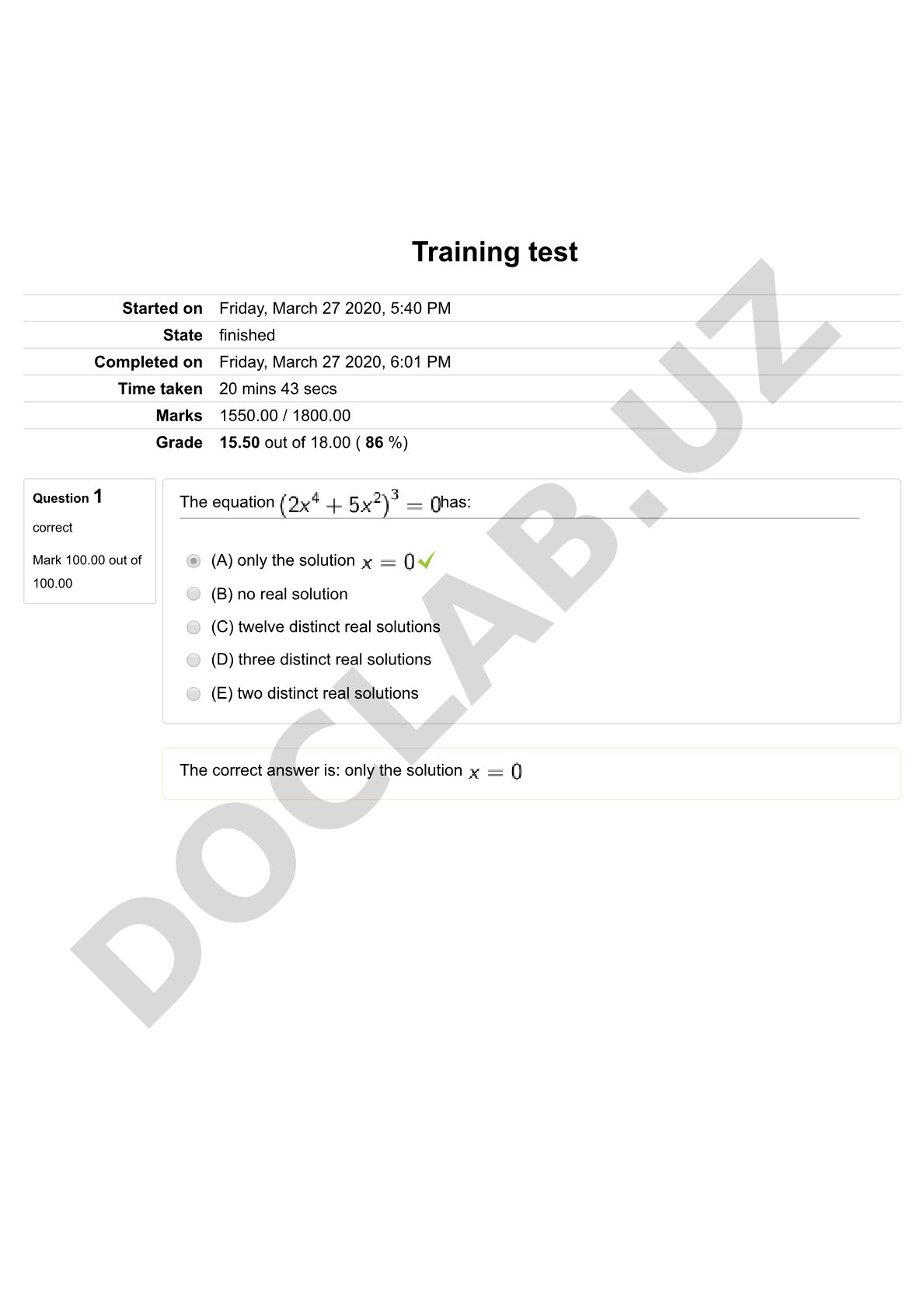 Training test on algebra and geometry