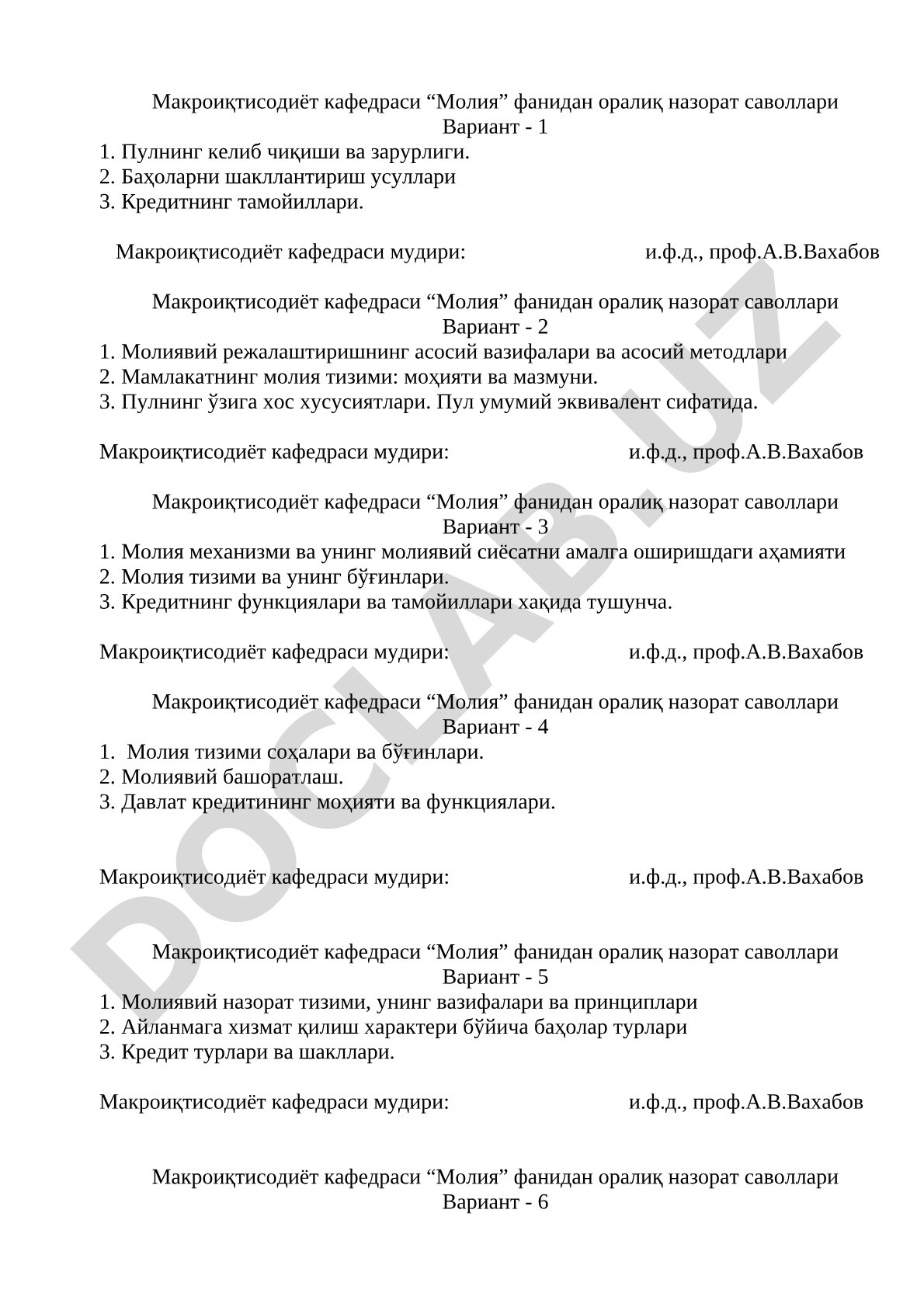 Moliya fanidan oraliq nazorat savollari