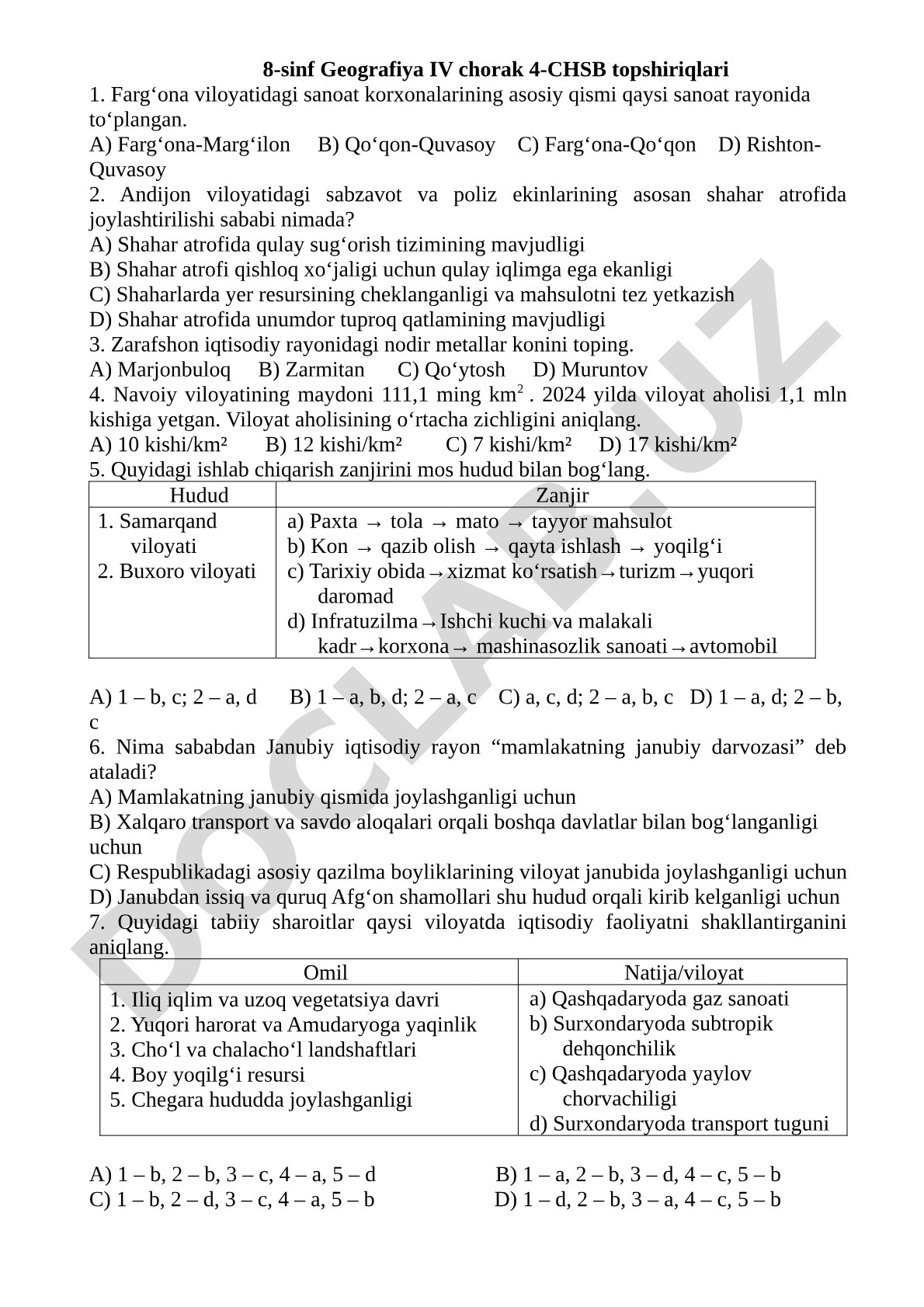 8-sinf Geografiya IV chorak 4-CHSB topshiriqlari