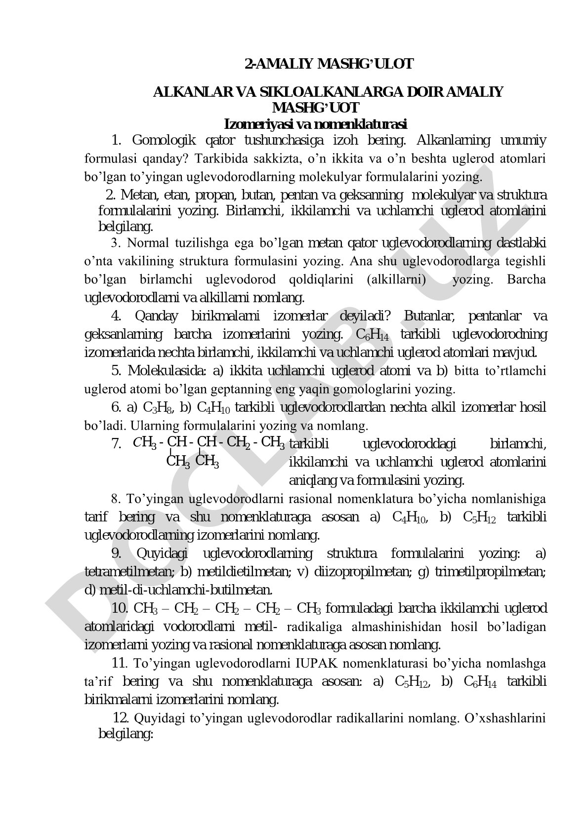 2-AMALIY MASHG’ULOT ALKANLAR VA SIKLOALKANLARGA DOIR AMALIY MASHG’UOT Izomeriyasi va nomenklaturasi