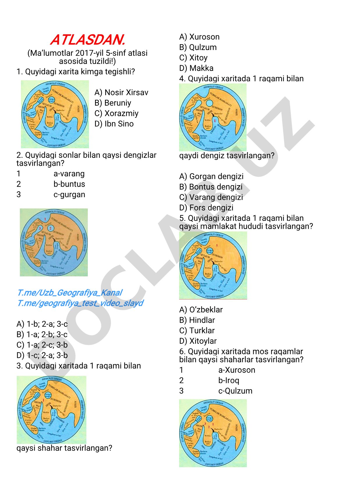 5-sinf geografiya atlasiga oid test savollari
