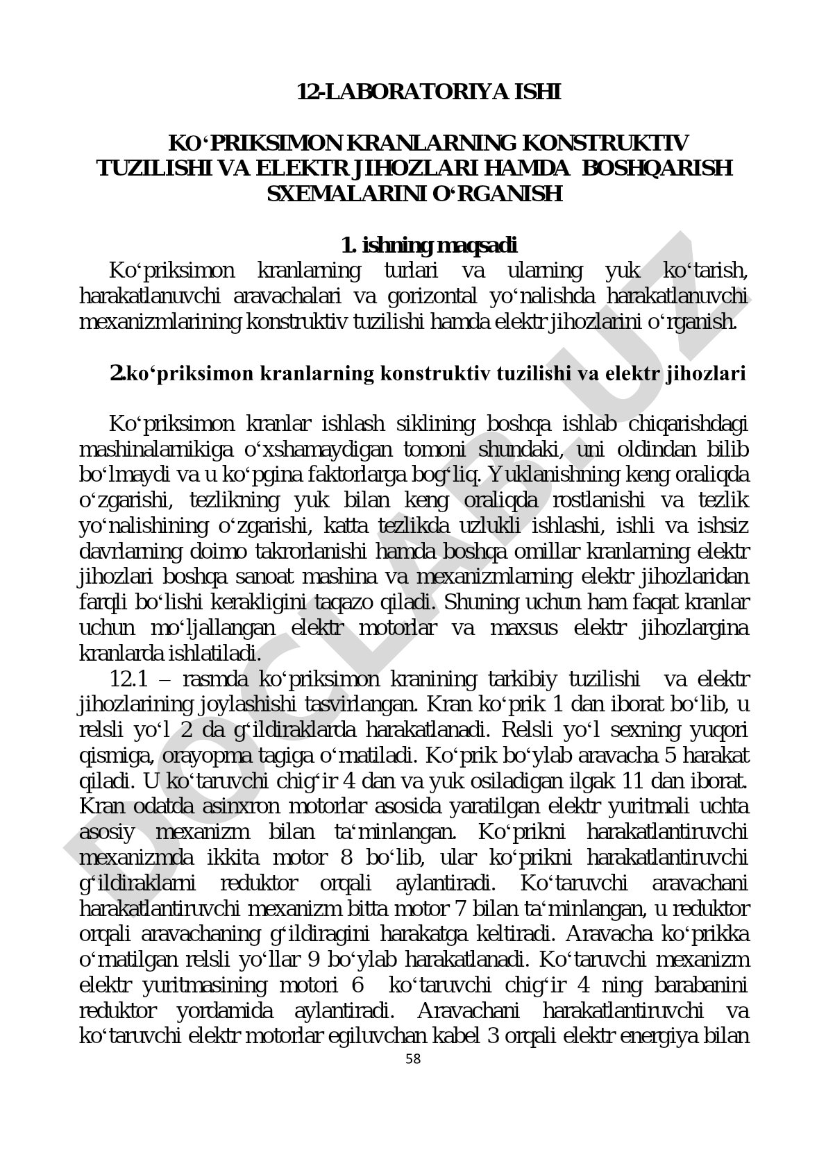 Koʻpriksimon kranlarning konstruktiv tuzilishi va elektr jihozlari hamda boshqarish sxemalarini oʻrganish