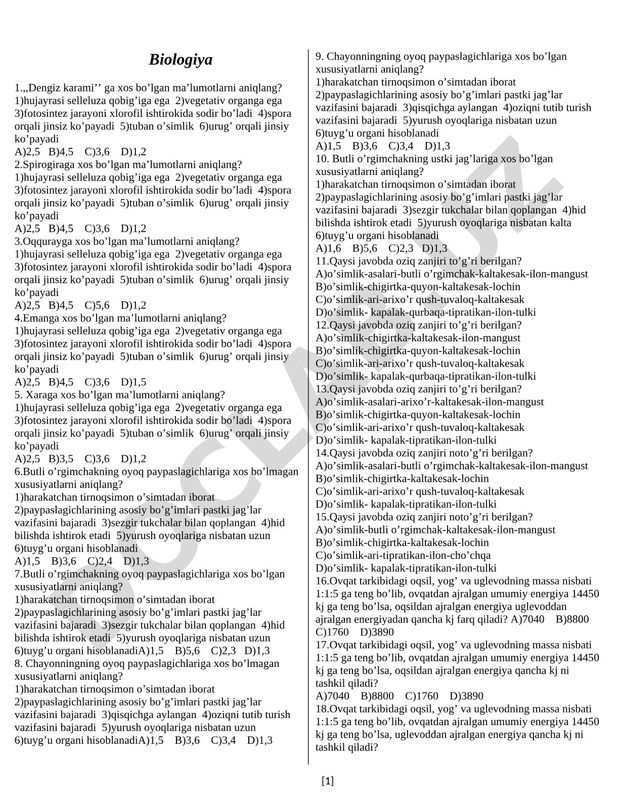 Biologiya test savollari: o'simliklar xususiyatlari
