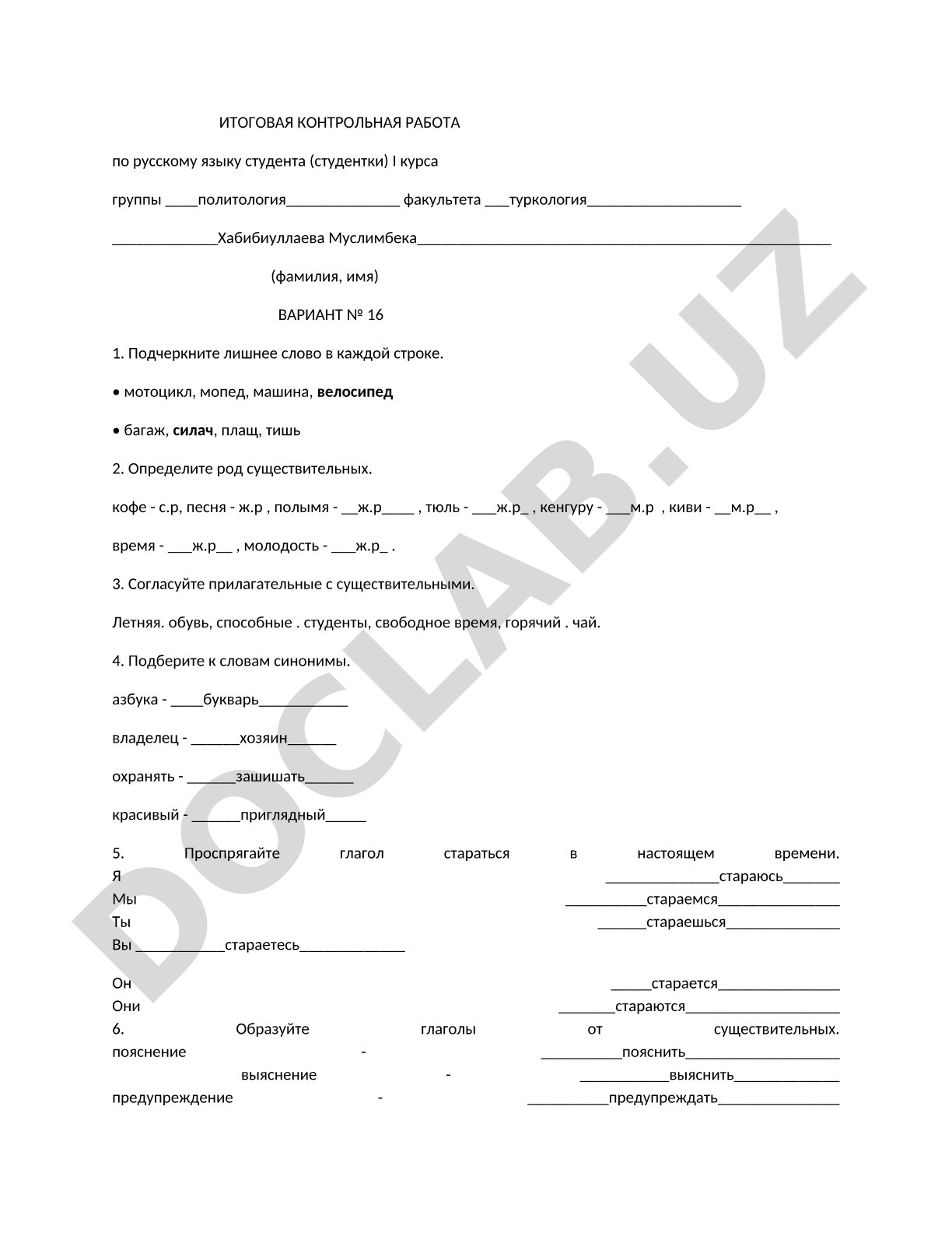Итоговая контрольная работа по русскому языку