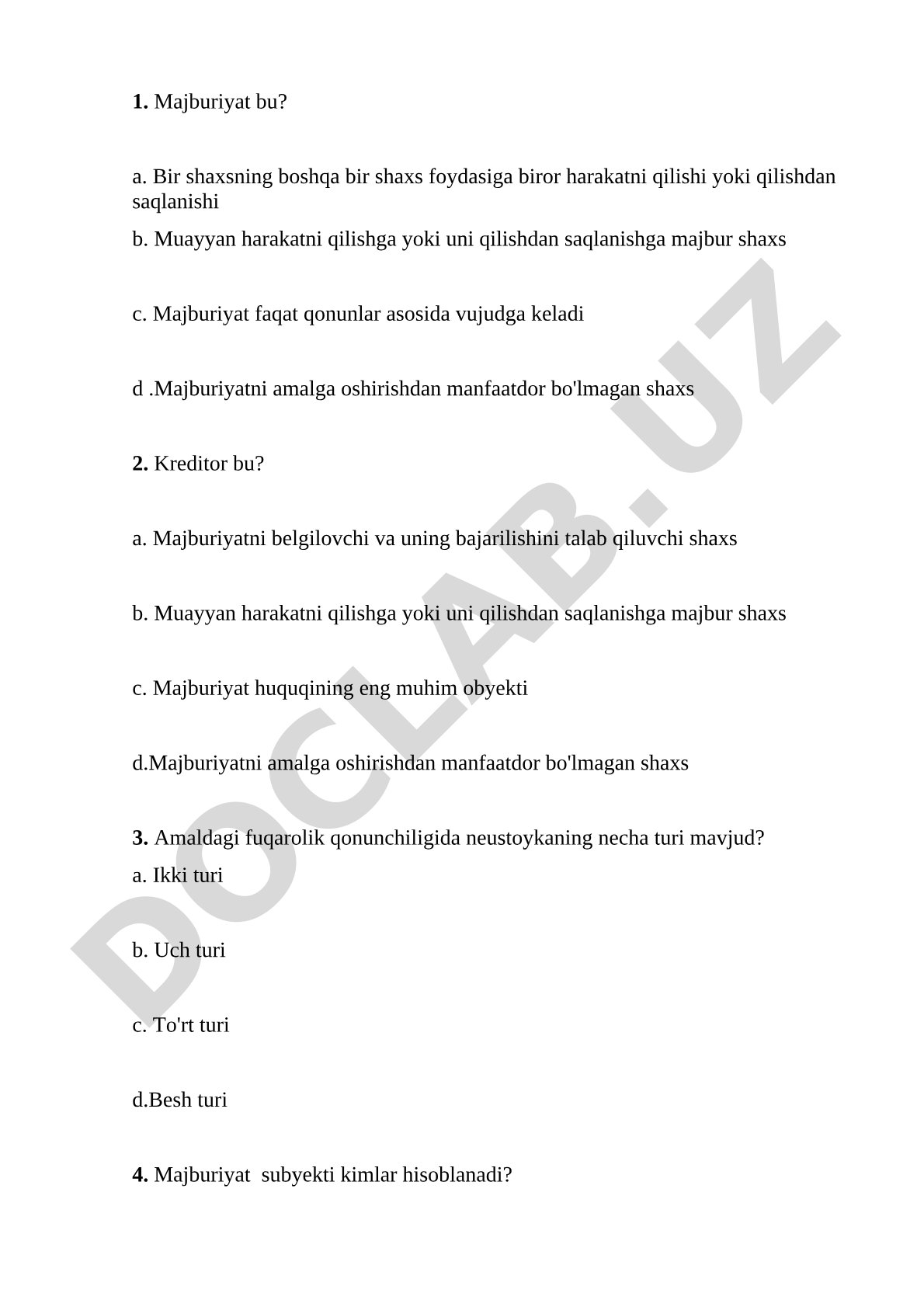 Majburiyatlar bo'yicha test savollari