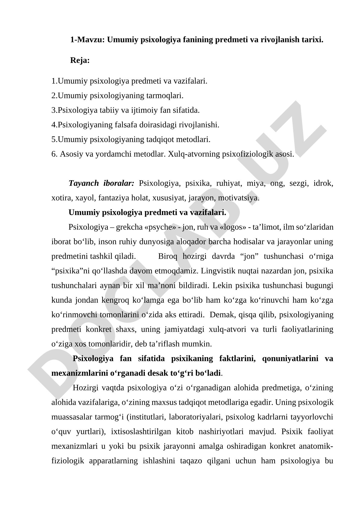 Umumiy psixologiya fanining predmeti va rivojlanish tarixi