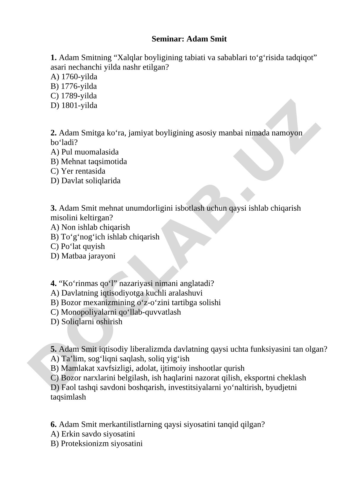 Adam Smit iqtisodiy ta'limoti yuzasidan seminar test savollari