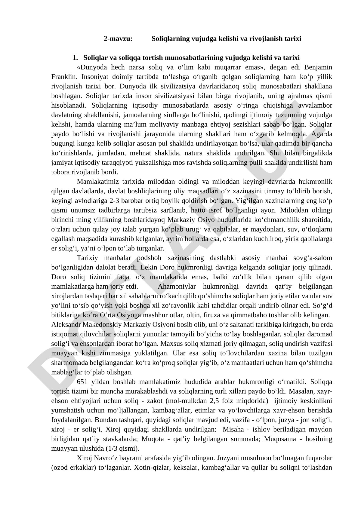 Soliqlarning vujudga kelishi va rivojlanish tarixi