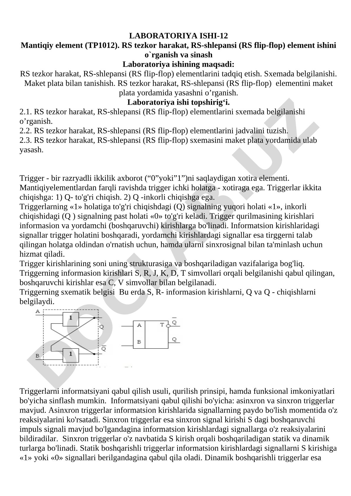 Mantiqiy element (TP1012). RS tezkor harakat, RS-shlepansi (RS flip-flop) element ishini o`rganish va sinash