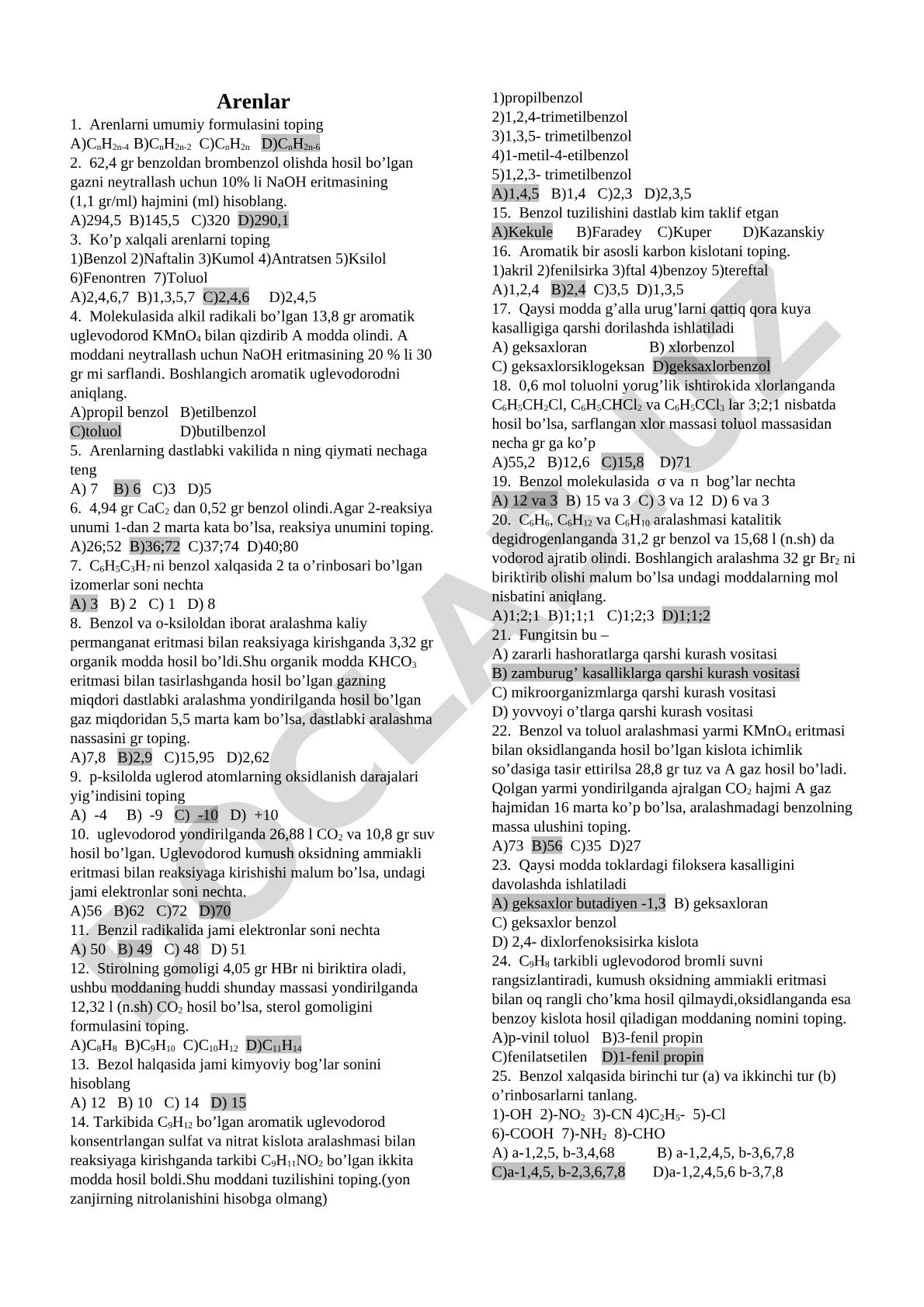 Arenlarni umumiy formulasini toping A)CnH2n-4 B)CnH2n-2 C)CnH2n D)CnH2n-6 2