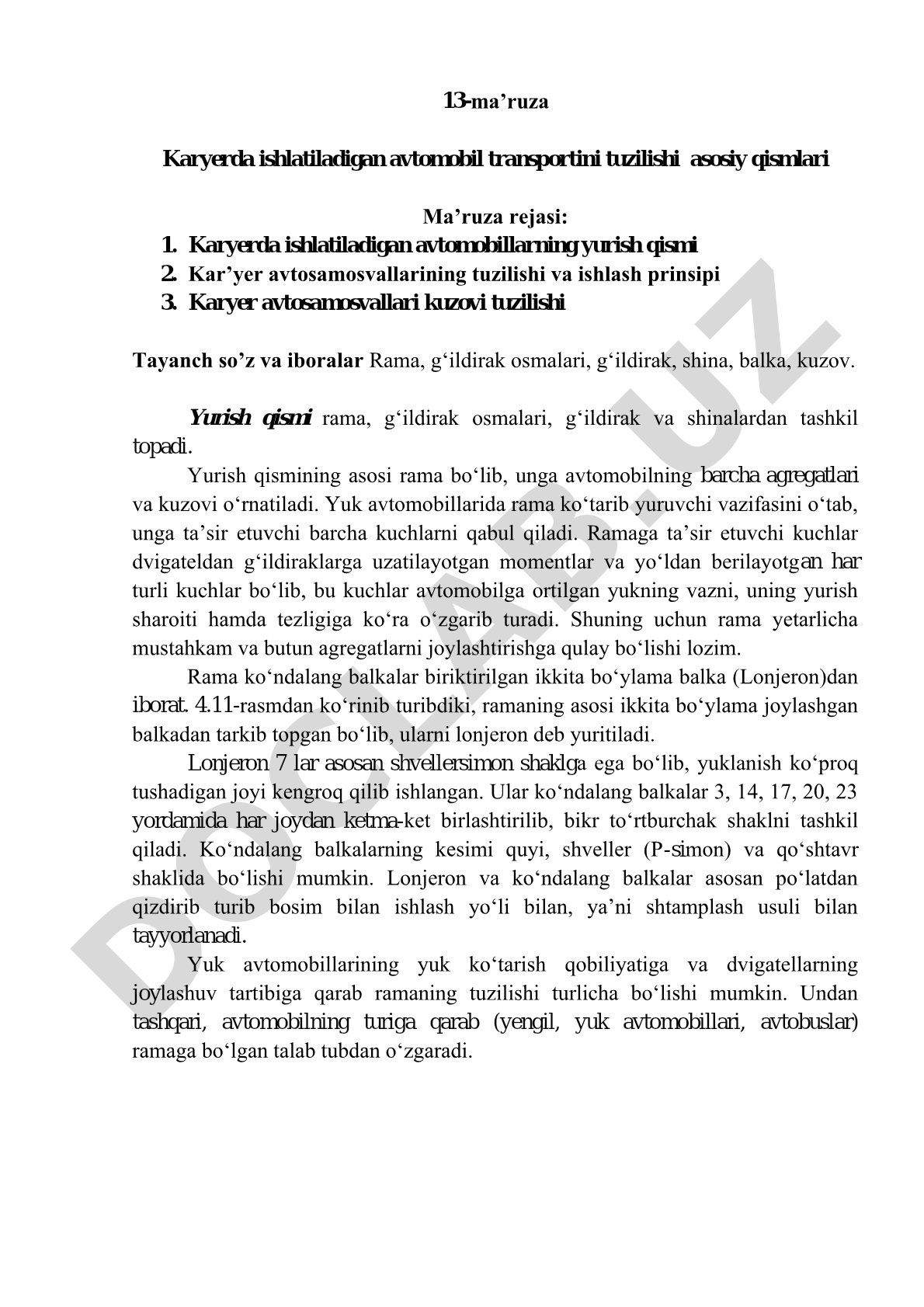 Karyerda ishlatiladigan avtomobil transportini tuzilishi asosiy qismlari