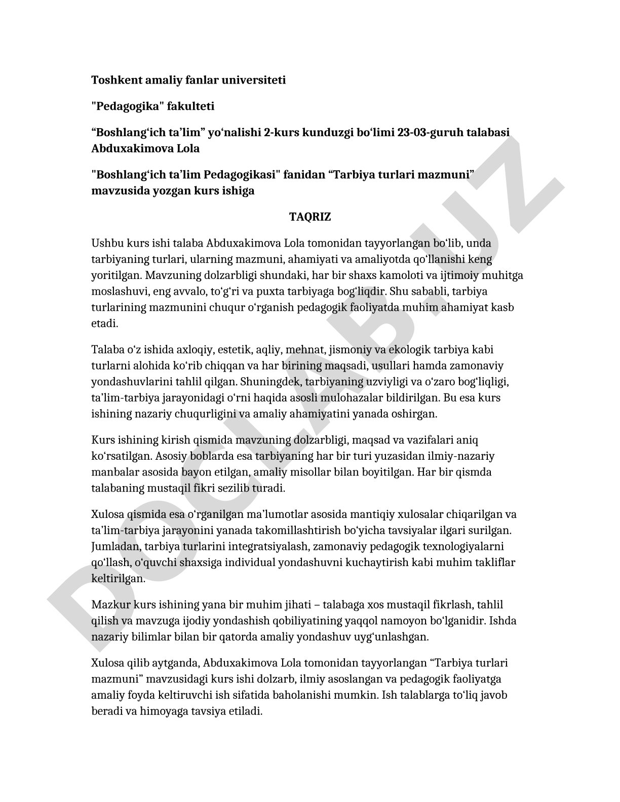 Kurs ishiga taqriz: tarbiya turlari mazmuni tahlil qilingan