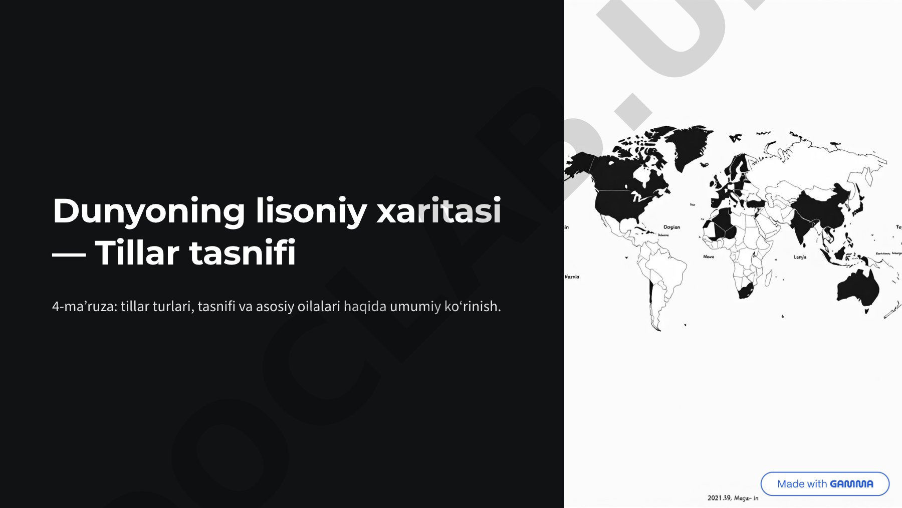 Ma'ruzada tillar tasnifi, tillar turlari va asosiy til oilalari haqida ma'lumot berilgan
