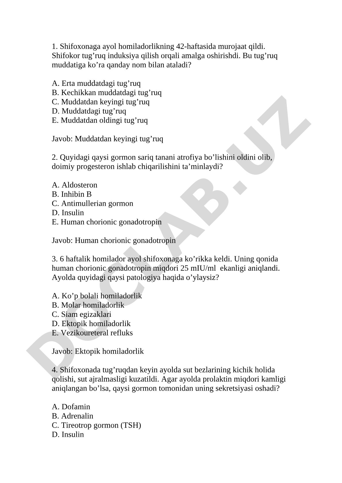 Akusherlik va ginekologiya test savollari