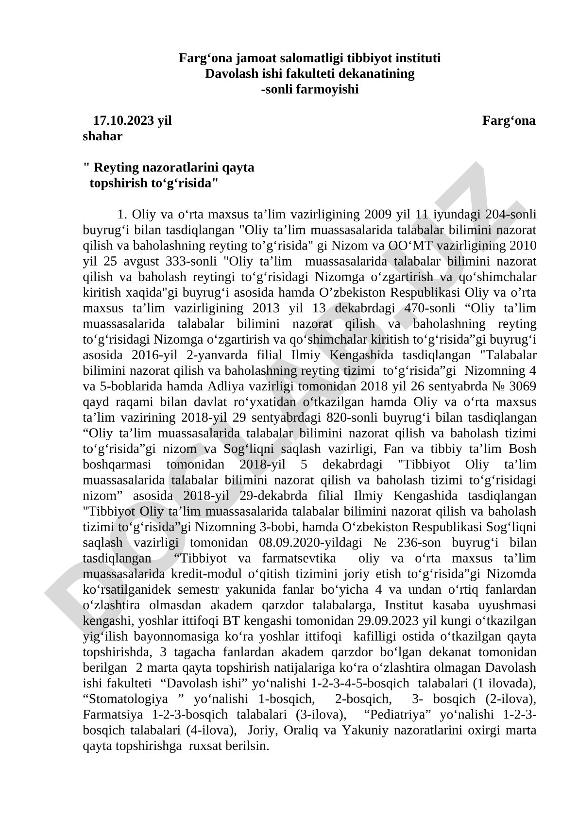 Reyting nazoratlarini qayta topshirish to‘g‘risida