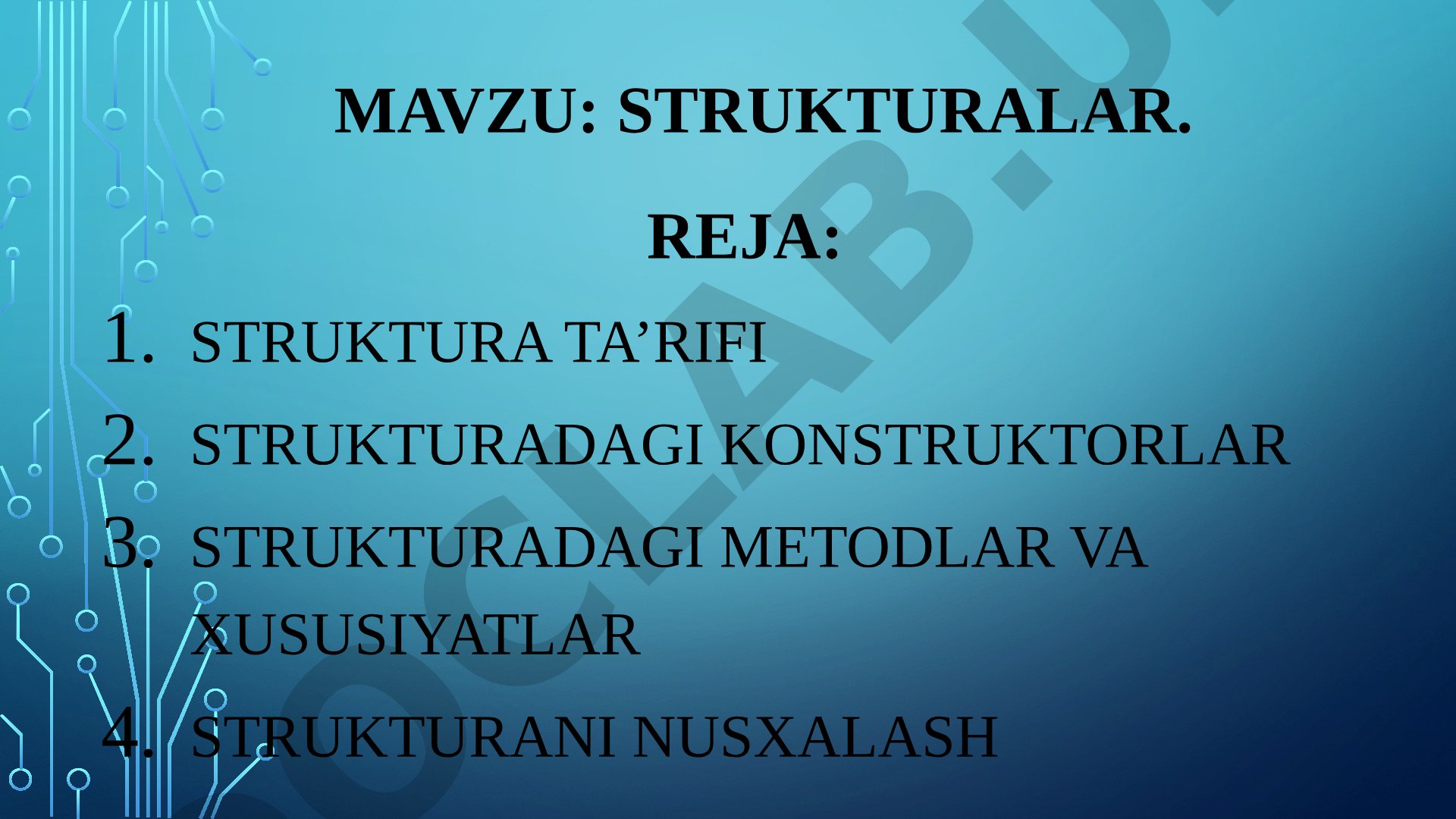Struktura ta'rifi, konstruktorlar, metodlar, xususiyatlar va nusxalash haqida taqdimot