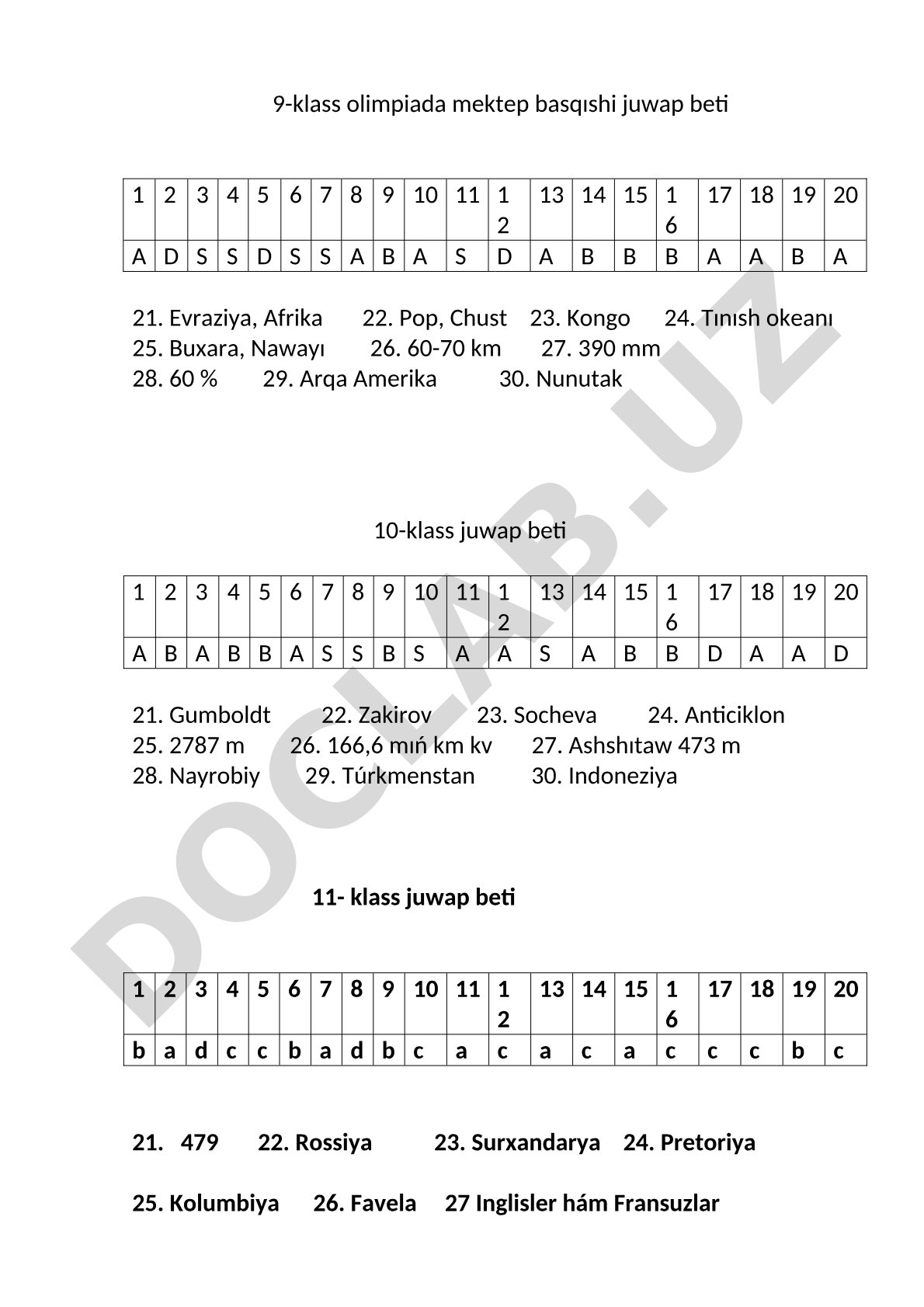9-11 klasslar geografiya olimpiadası juwap betleri