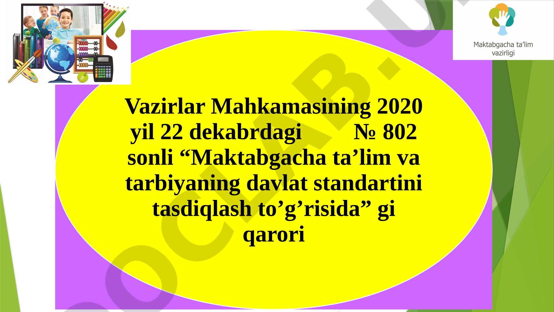 Maktabgacha ta’lim tashkilotlarini o’yinlar to’plamlari, o’yinchoqlar, mebel, jihozlar va boshqa vositalar bilan jihozlash me’yorlari