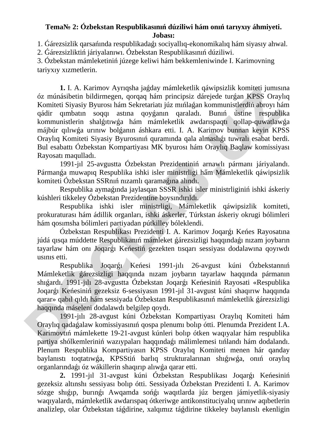 Ózbekstan Respublikasınıń dúziliwi hám onıń tarıyxıy áhmiyeti