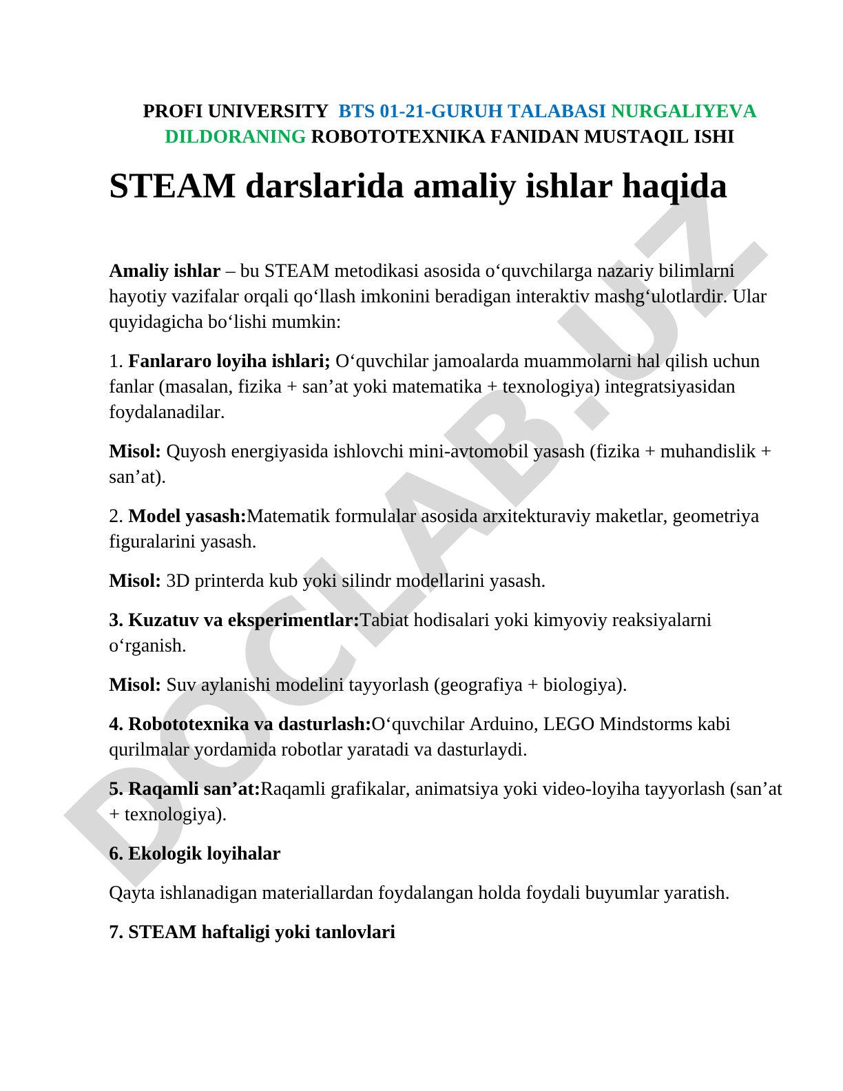 STEAM darslarida amaliy ishlar haqida
