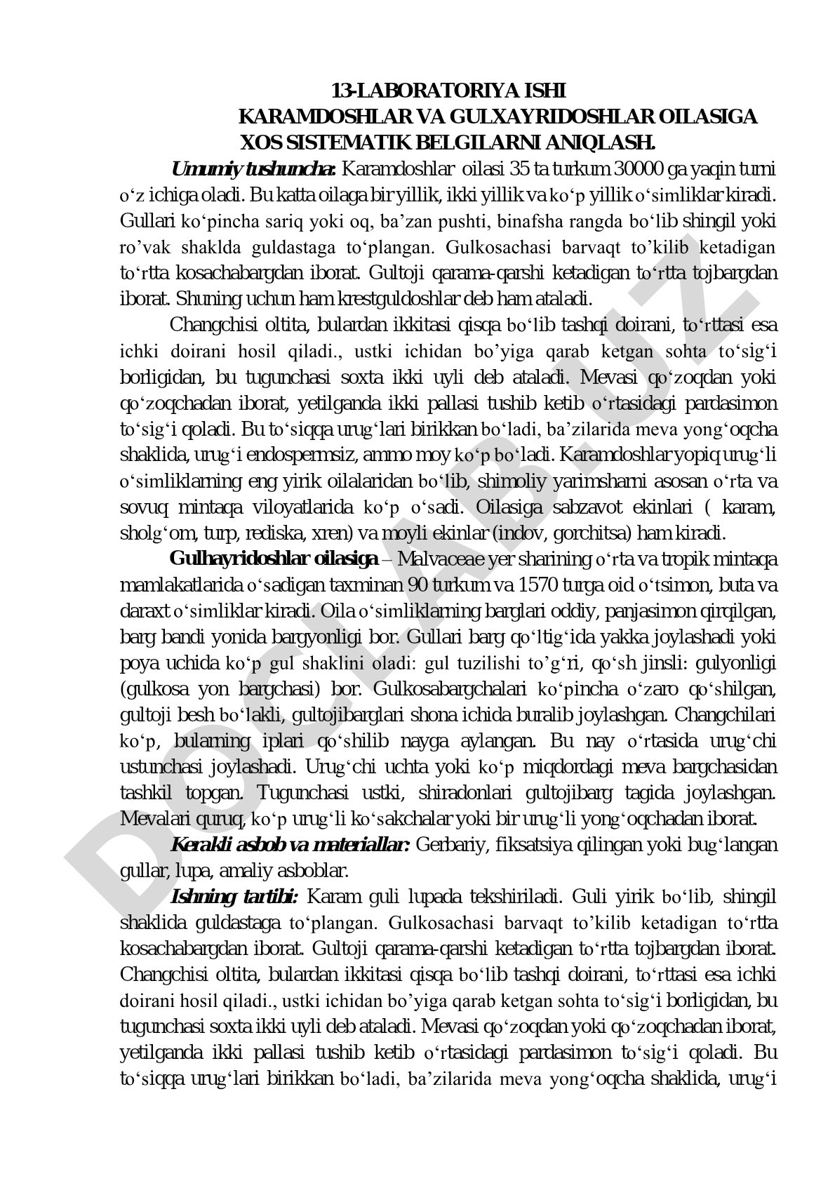 Karamdoshlar va gulxayridoshlar oilasiga xos sistematik belgilarni aniqlash