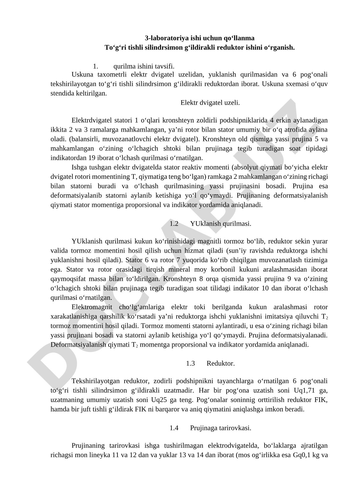 To‘g‘ri tishli silindrsimon g‘ildirakli reduktor ishini o‘rganish