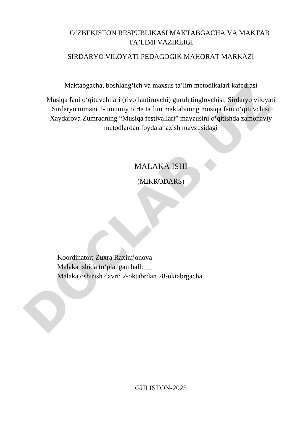 “Musiqa festivallari” mavzusini o‘qitishda zamonaviy metodlardan foydalanazish