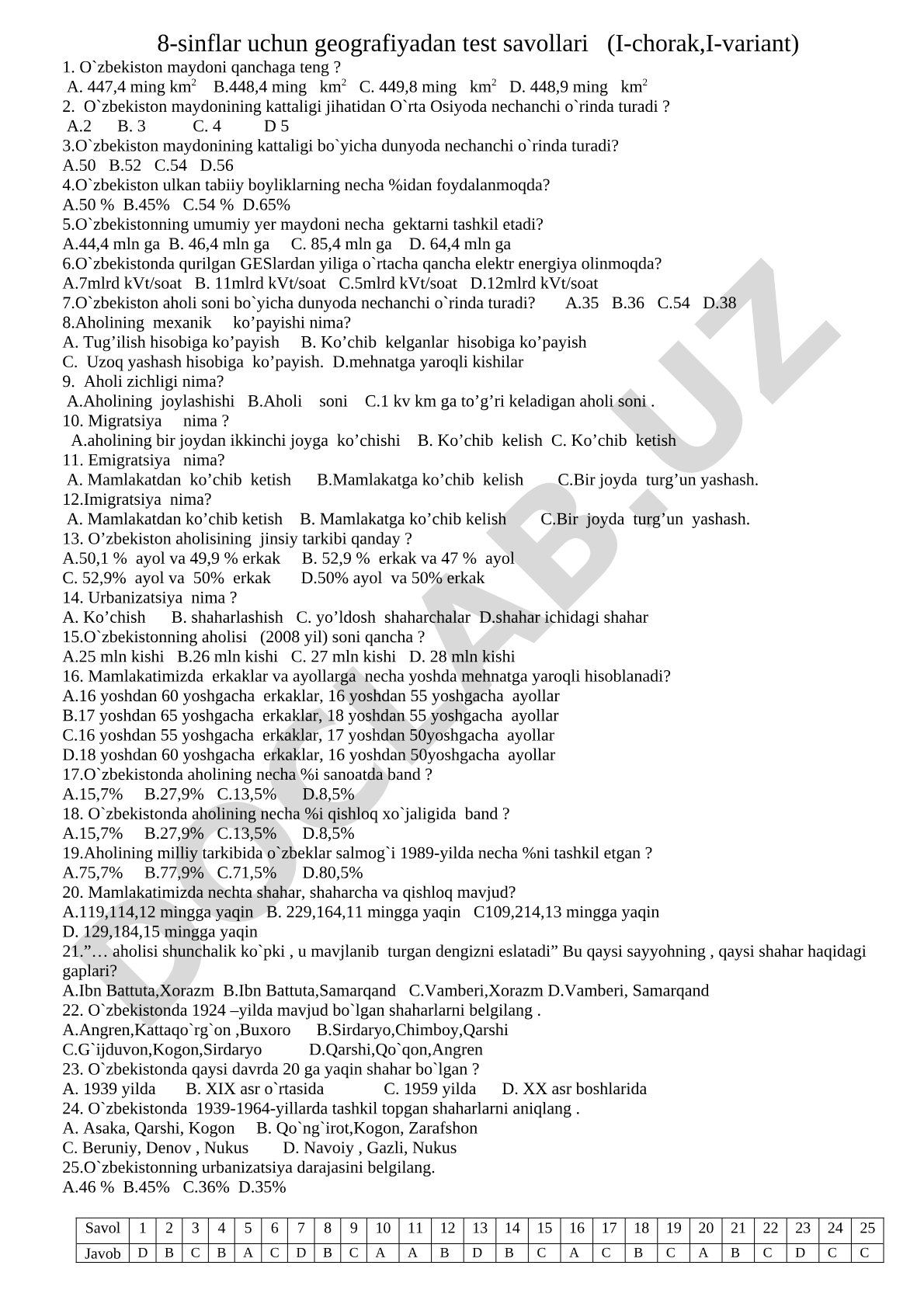 8-sinflar uchun geografiyadan test savollari (I-chorak, I-variant)