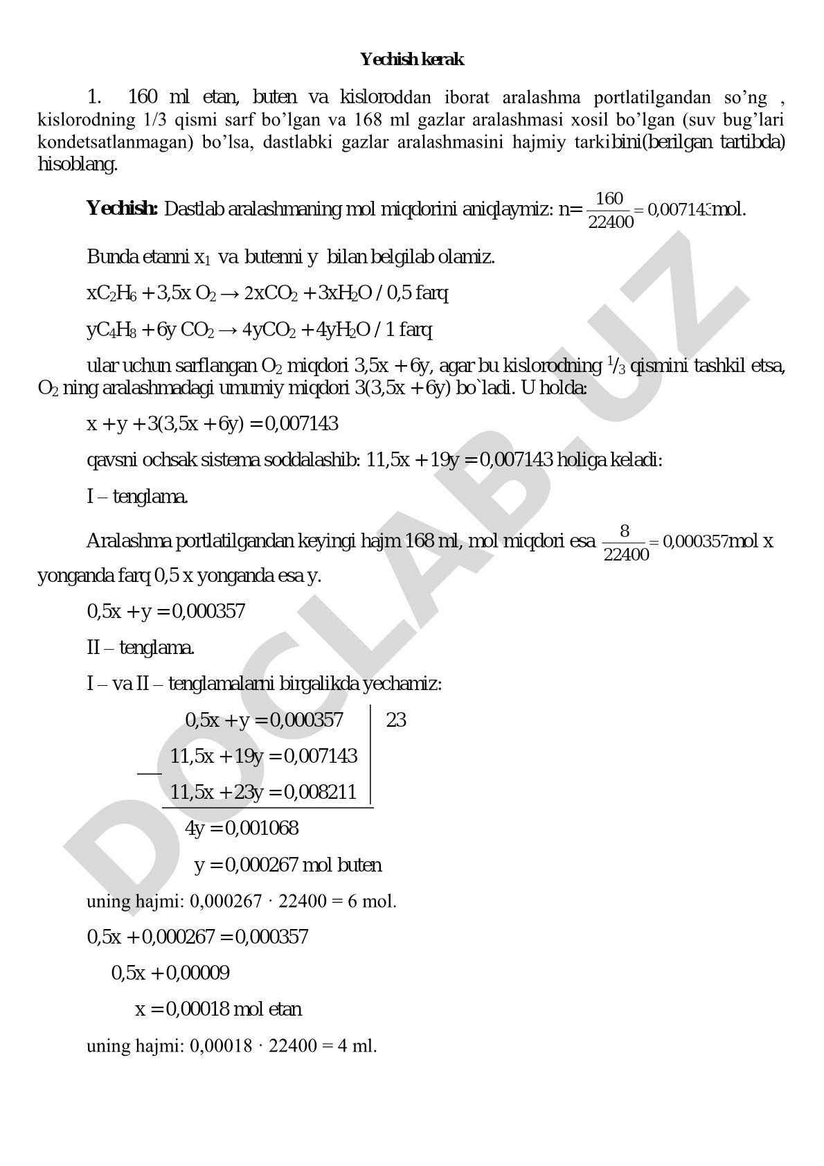Etan, buten va kislorod aralashmasining dastlabki hajmiy tarkibini hisoblash