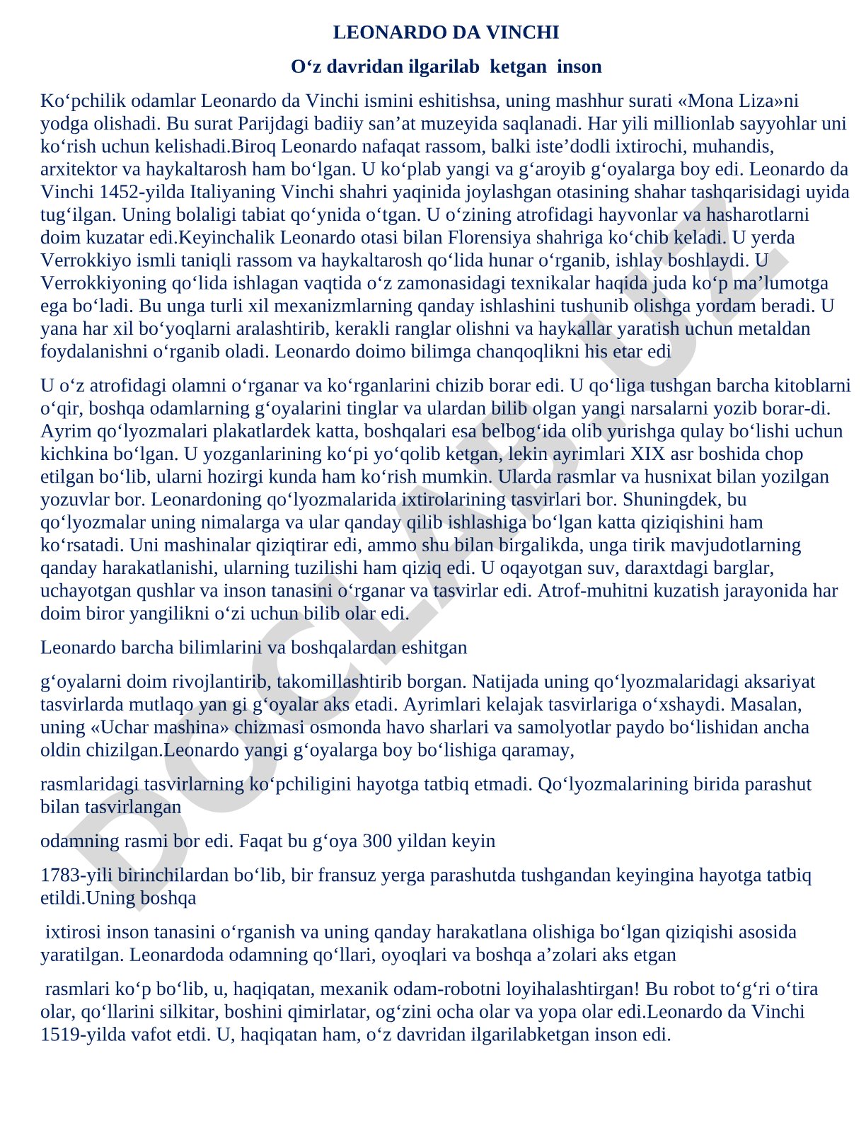 Leonardo da Vinchi hayoti va ixtirolari
