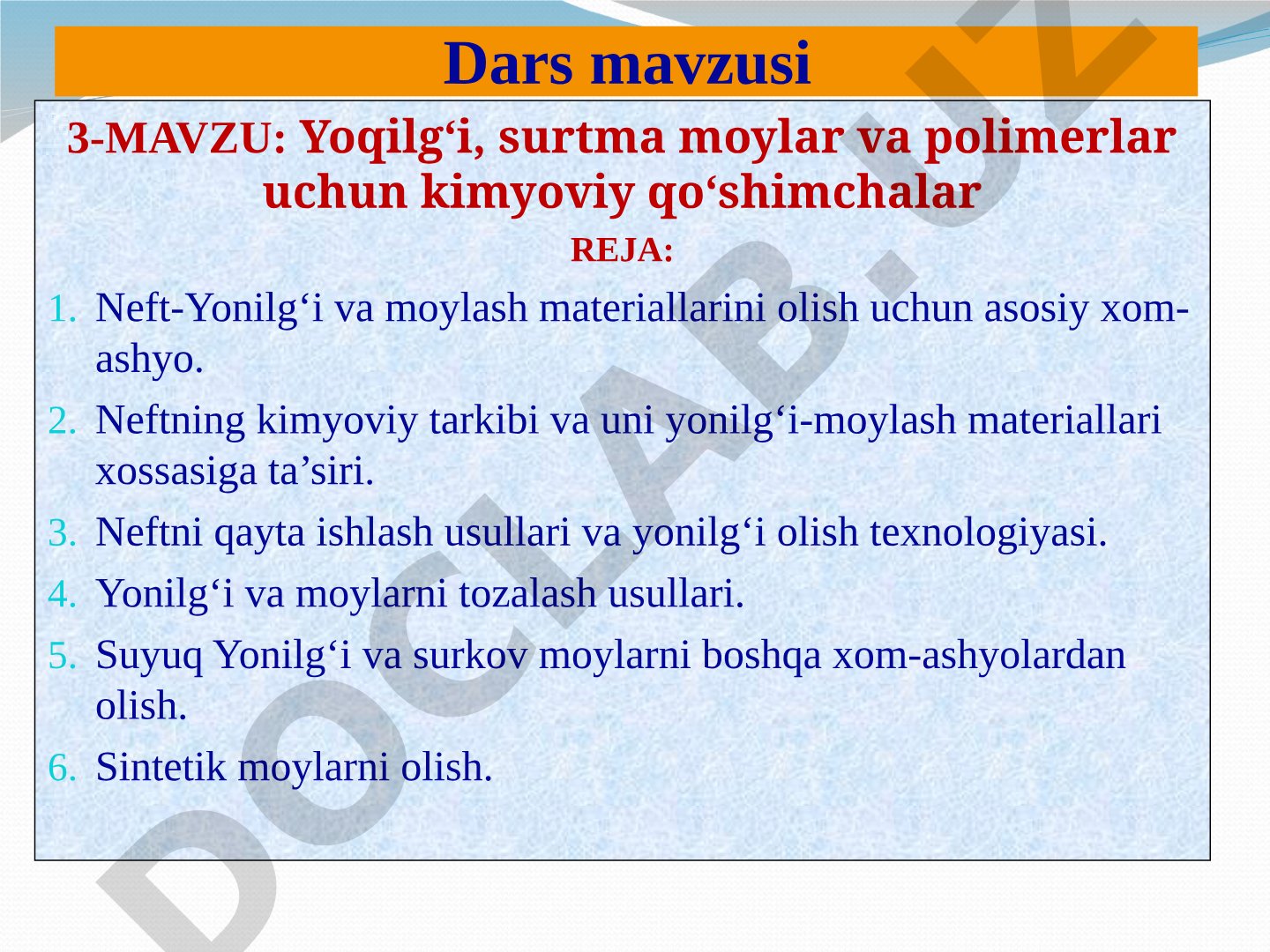 Yoqilg‘i, surtma moylar va polimerlar uchun kimyoviy qo‘shimchalar