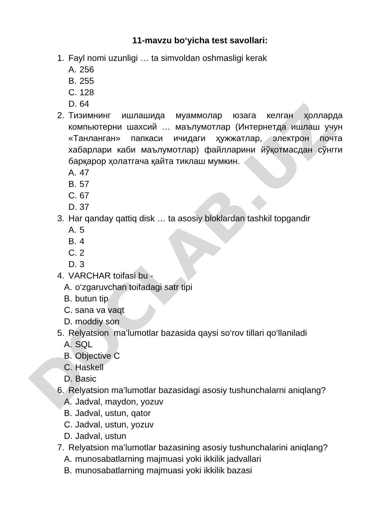 Ma'lumotlar bazasi va fayl tizimi bo'yicha test savollari