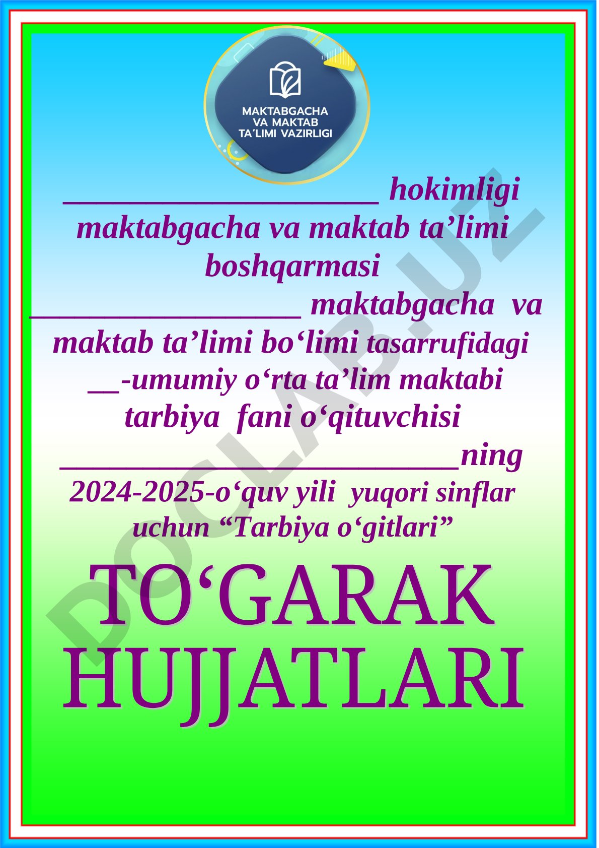 Tarbiya o'gitlari to'garagi 2024-2025-o'quv yili ish rejasi