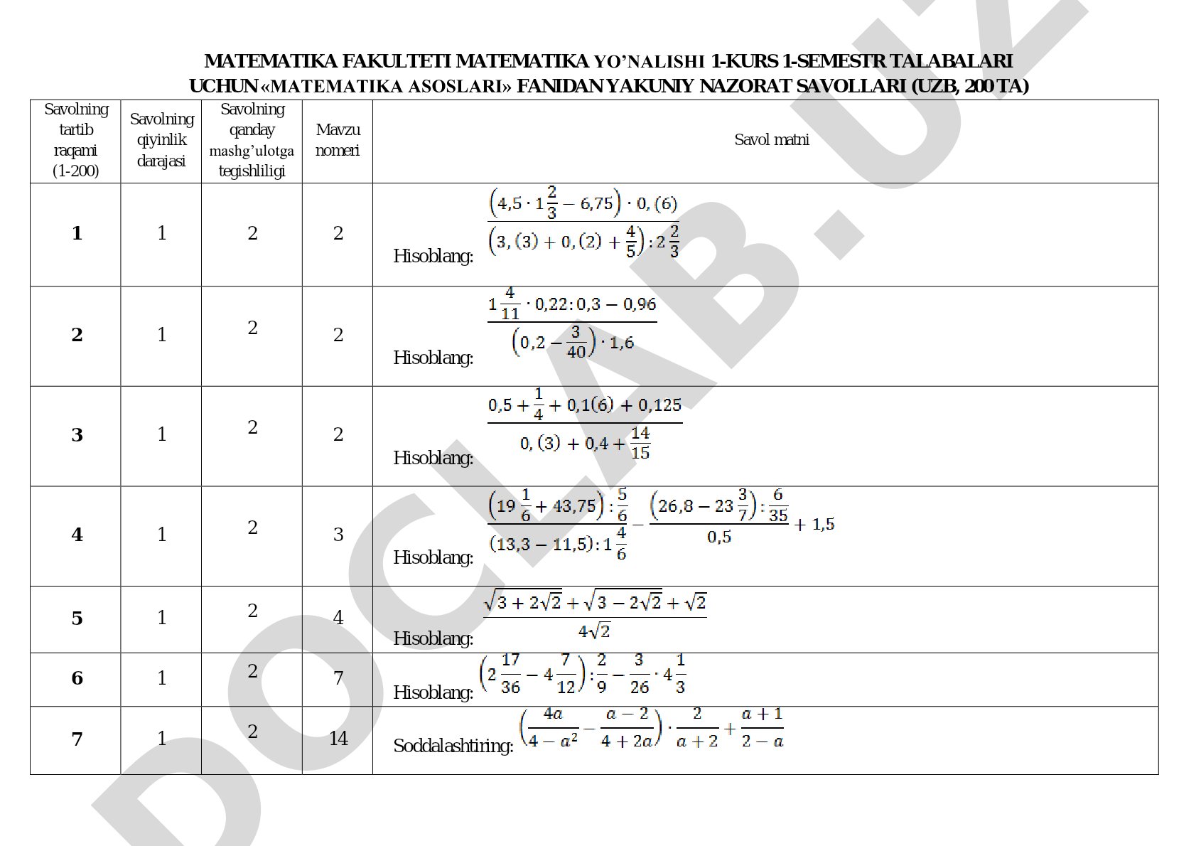 Matematika asoslari fanidan yakuniy nazorat savollari
